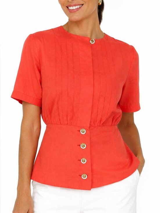 Louis Feraud Tops - Louis Feraud Coral Cotton Peplum Blouse Tie Back Gold Logo Buttons US 12